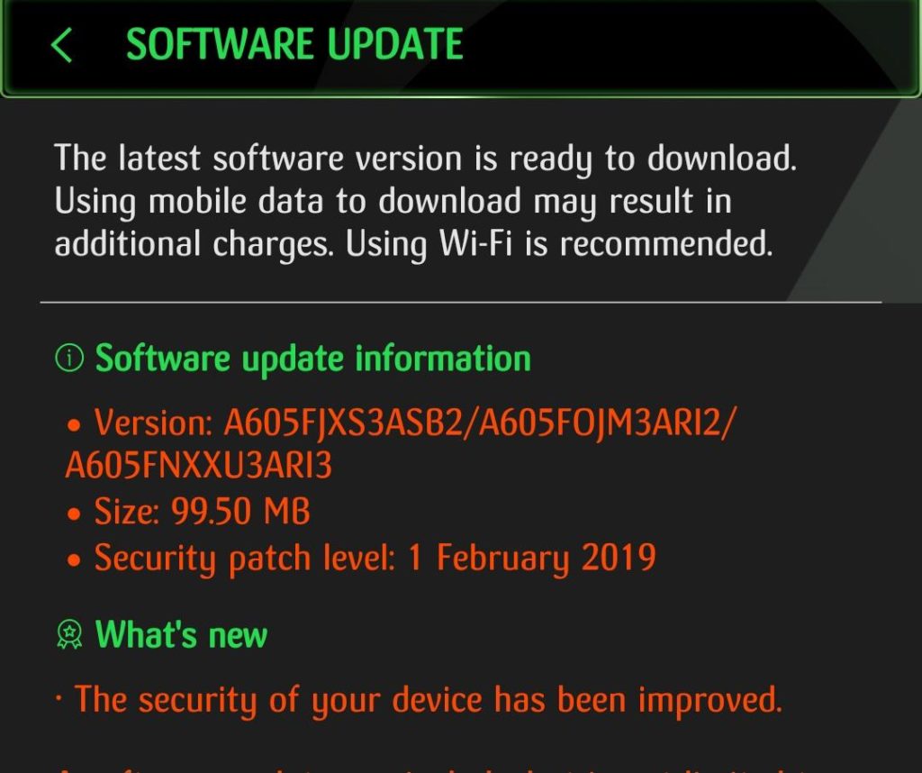 Samsung Galaxy A6+ Feb 2019 security update