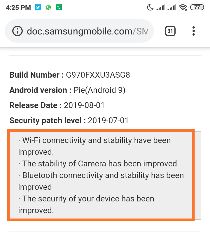 Galaxy S10e July 2019 security update